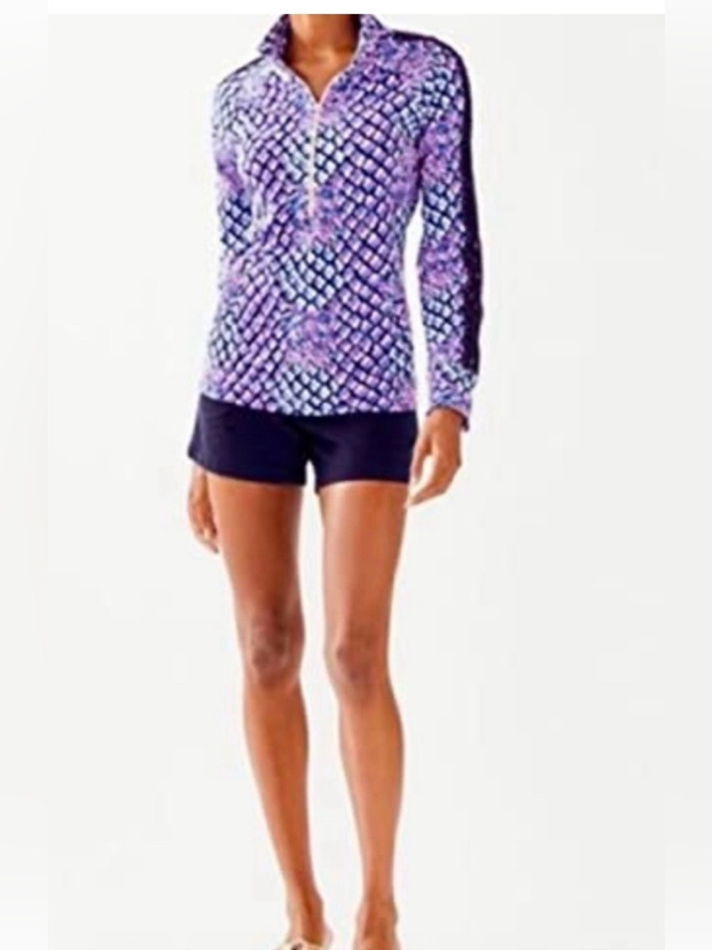 EUC Lilly Pulitzer Blue & Pink Quarter-Zip Popover Navy Shoulder Detail Small